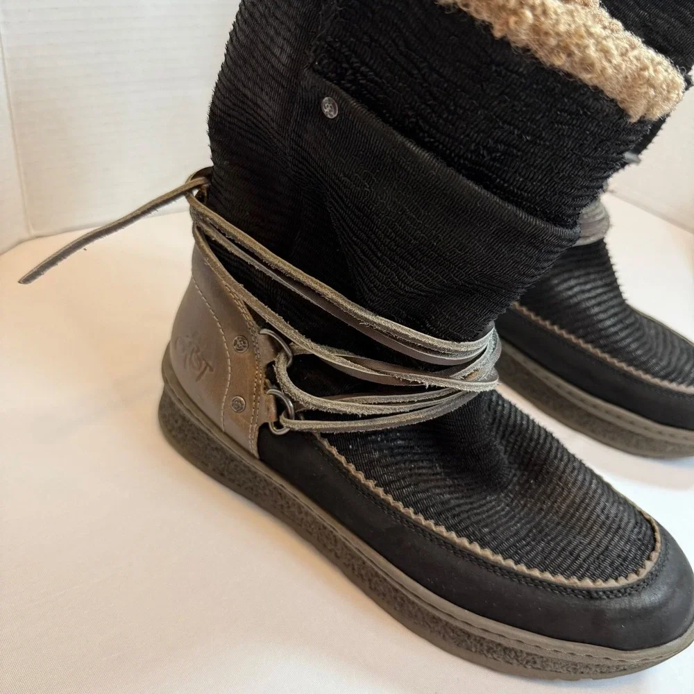 OTBT Womens Black Slope Faux Shearling Lined Winter Boots Mid Calf Wrap Lace